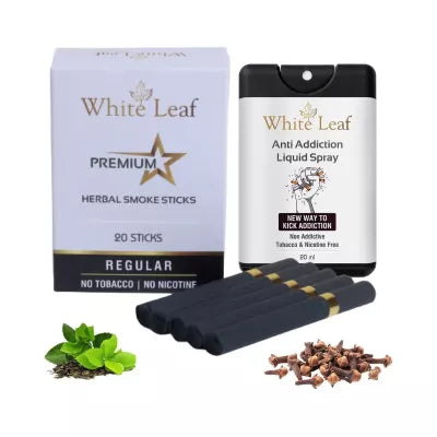 White Leaf Premium Herbal Cigarettes Regular Flavour + Anti Addiction Liquid Spray (20 Stichs + 20ml) (1Pack)