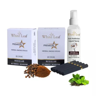 White Leaf Premium Herbal Cigarettes Regular Flavour + Anti Addiction Liquid Spray (2 Boxes Each 20 Stichs + 100ml) (1Pack)