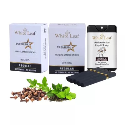 White Leaf Premium Herbal Cigarettes Regular Flavour + Anti Addiction Liquid Spray (2 Boxes Each 20 Stichs + 20ml) (1Pack)