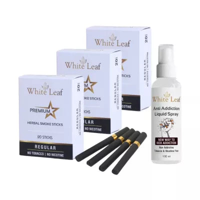 White Leaf Premium Herbal Cigarettes Regular Flavour + Anti Addiction Liquid Spray (3 Boxes Each 20 Stichs + 100ml) (1Pack)