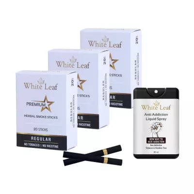 White Leaf Premium Herbal Cigarettes Regular Flavour + Anti Addiction Liquid Spray (3 Boxes Each 20 Stichs + 20ml) (1Pack)