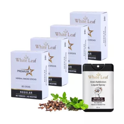 White Leaf Premium Herbal Cigarettes Regular Flavour + Anti Addiction Liquid Spray (4 Boxes Each 20 Stichs + 20ml) (1Pack)