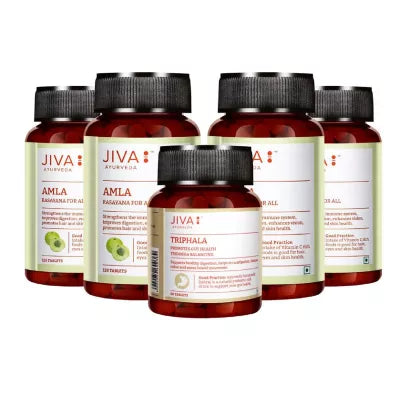 Jiva Ayurveda Amla Tablets And Triphala Combo (4 Amla Tablets Bottle each 120 Tablats + Triphala 60 Tablats) (1Pack)