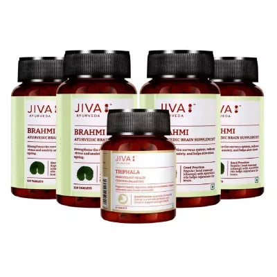 Jiva Ayurveda Brahmi Tablets And Triphala Combo (4 Brahmi  Bottle each 120 Tablats + Triphala 60 Tablats) (1Pack)