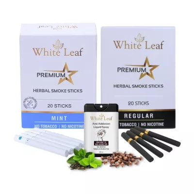 White Leaf Premium Herbal Cigarettes Mint And Regular Flavour + Anti Addiction Liquid Spray (2 Boxes Each 20 Sticks + 20ml) (1Pack)