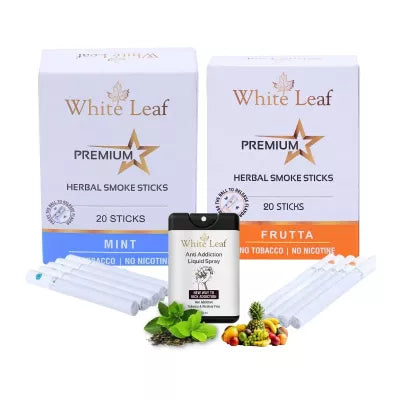 White Leaf Premium Herbal Cigarettes Frutta And Mint Flavour + Anti Addiction Liquid Spray (2 Boxes Each 20 Sticks + 20ml) (1Pack)