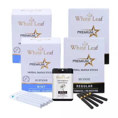 White Leaf Premium Herbal Cigarettes Mint And Regular Flavour + Anti Addiction Liquid Spray (4 Boxes Each 20 Sticks + 20ml) (1Pack)