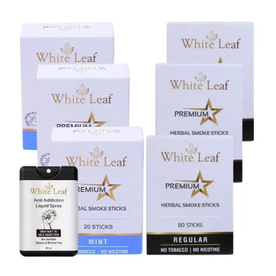 White Leaf Premium Herbal Cigarettes Mint And Regular Flavour + Anti Addiction Liquid Spray (6 Boxes Each 20 Sticks + 20ml) (1Pack)