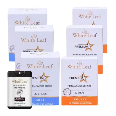 White Leaf Premium Herbal Cigarettes Frutta And Mint Flavour + Anti Addiction Liquid Spray (6 Boxes Each 20 Sticks + 20ml) (1Pack)