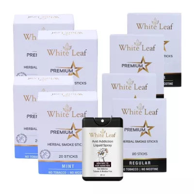 White Leaf Premium Herbal Cigarettes Mint And Regular Flavour + Anti Addiction Liquid Spray (8 Boxes Each 20 Sticks + 20ml) (1Pack)