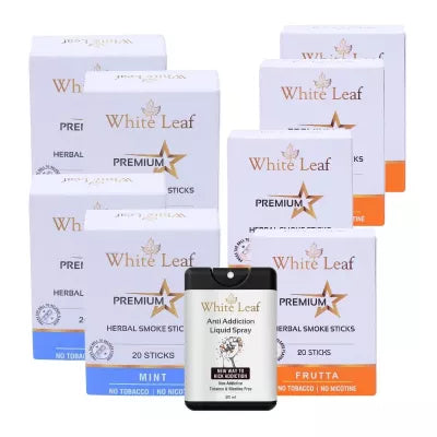 White Leaf Premium Herbal Cigarettes Frutta And Mint Flavour + Anti Addiction Liquid Spray (8 Boxes Each 20 Sticks + 20ml) (1Pack)