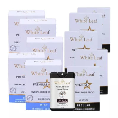 White Leaf Premium Herbal Cigarettes Mint And Regular Flavour + Anti Addiction Liquid Spray (10 Boxes Each 20 Sticks + 20ml) (1Pack)