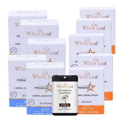 White Leaf Premium Herbal Cigarettes Frutta And Mint Flavour + Anti Addiction Liquid Spray (10 Boxes Each 20 Sticks + 20ml) (1Pack)