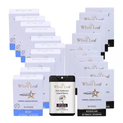 White Leaf Premium Herbal Cigarettes Mint And Regular Flavour + Anti Addiction Liquid Spray (20 Boxes Each 20 Sticks + 20ml) (1Pack)