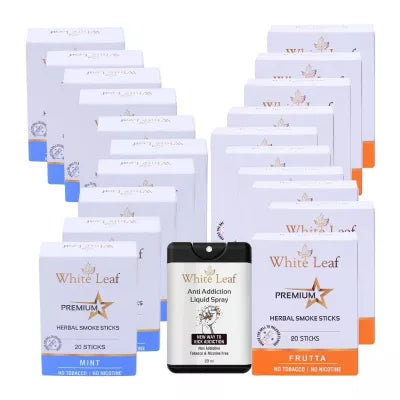 White Leaf Premium Herbal Cigarettes Frutta And Mint Flavour + Anti Addiction Liquid Spray (20 Boxes Each 20 Sticks + 20ml) (1Pack)