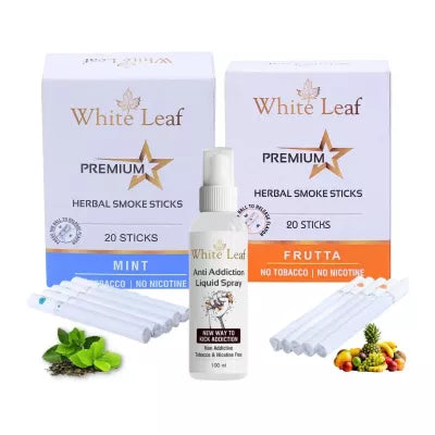 White Leaf Premium Herbal Cigarettes Frutta And Mint Flavour + Anti Addiction Liquid Spray (2 Boxes Each 20 Sticks + 100ml) (1Pack)