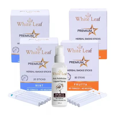 White Leaf Premium Herbal Cigarettes Frutta And Mint Flavour + Anti Addiction Liquid Spray (4 Boxes Each 20 Sticks + 100ml) (1Pack)