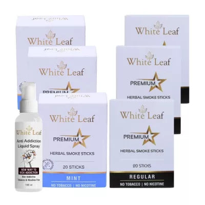 White Leaf Premium Herbal Cigarettes Mint And Regular Flavour + Anti Addiction Liquid Spray (6 Boxes Each 20 Sticks + 100ml) (1Pack)