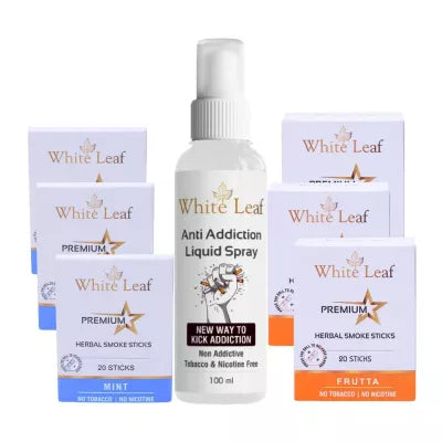 White Leaf Premium Herbal Cigarettes Frutta And Mint Flavour + Anti Addiction Liquid Spray (6 Boxes Each 20 Sticks + 100ml) (1Pack)