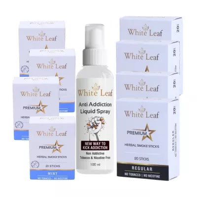 White Leaf Premium Herbal Cigarettes Mint And Regular Flavour + Anti Addiction Liquid Spray (8 Boxes Each 20 Sticks + 100ml) (1Pack)