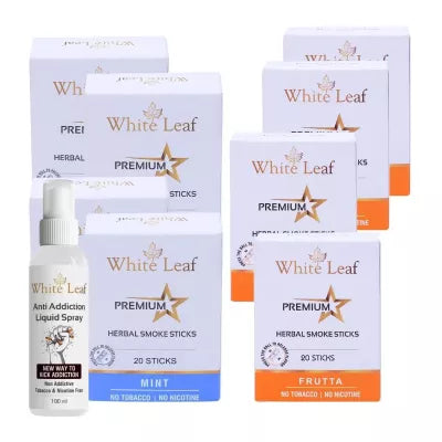 White Leaf Premium Herbal Cigarettes Frutta And Mint Flavour + Anti Addiction Liquid Spray (8 Boxes Each 20 Sticks + 100ml) (1Pack)