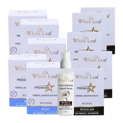 White Leaf Premium Herbal Cigarettes Mint And Regular Flavour + Anti Addiction Liquid Spray (10 Boxes Each 20 Sticks + 100ml) (1Pack)