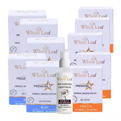 White Leaf Premium Herbal Cigarettes Frutta And Mint Flavour + Anti Addiction Liquid Spray (10 Boxes Each 20 Sticks + 100ml) (1Pack)