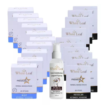 White Leaf Premium Herbal Cigarettes Mint And Regular Flavour + Anti Addiction Liquid Spray (20 Boxes Each 20 Sticks + 100ml) (1Pack)