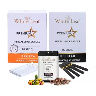 White Leaf Premium Herbal Cigarettes Frutta And Regular Flavour + Anti Addiction Liquid Spray (2 Boxes Each 20 Sticks + 20ml) (1Pack)