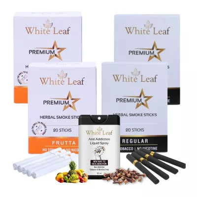 White Leaf Premium Herbal Cigarettes Frutta And Regular Flavour + Anti Addiction Liquid Spray (4 Boxes Each 20 Sticks + 20ml) (1Pack)