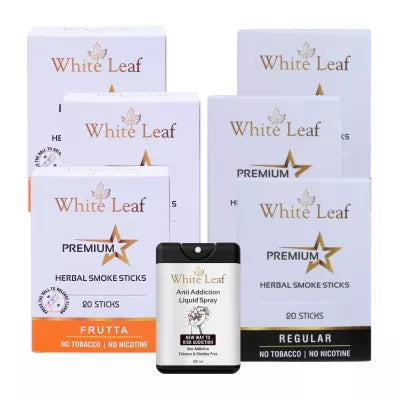 White Leaf Premium Herbal Cigarettes Frutta And Regular Flavour + Anti Addiction Liquid Spray (6 Boxes Each 20 Sticks + 20ml) (1Pack)