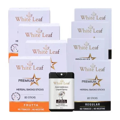 White Leaf Premium Herbal Cigarettes Frutta And Regular Flavour + Anti Addiction Liquid Spray (8 Boxes Each 20 Sticks + 20ml) (1Pack)