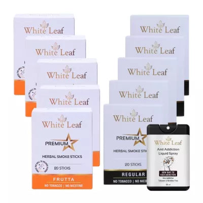 White Leaf Premium Herbal Cigarettes Frutta And Regular Flavour + Anti Addiction Liquid Spray (10 Boxes Each 20 Sticks + 20ml) (1Pack)