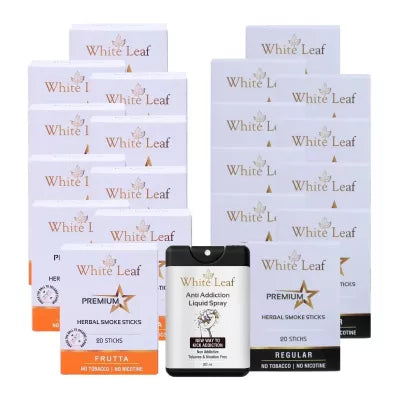 White Leaf Premium Herbal Cigarettes Frutta And Regular Flavour + Anti Addiction Liquid Spray (20 Boxes Each 20 Sticks + 20ml) (1Pack)