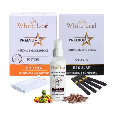 White Leaf Premium Herbal Cigarettes Frutta And Regular Flavour + Anti Addiction Liquid Spray (2 Boxes Each 20 Sticks + 100ml) (1Pack)