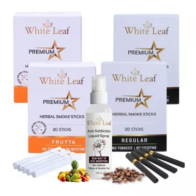 White Leaf Premium Herbal Cigarettes Frutta And Regular Flavour + Anti Addiction Liquid Spray (4 Boxes Each 20 Sticks + 100ml) (1Pack)