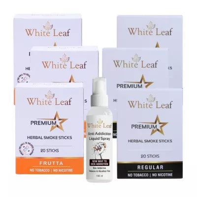 White Leaf Premium Herbal Cigarettes Frutta And Regular Flavour + Anti Addiction Liquid Spray (6 Boxes Each 20 Sticks + 100ml) (1Pack)