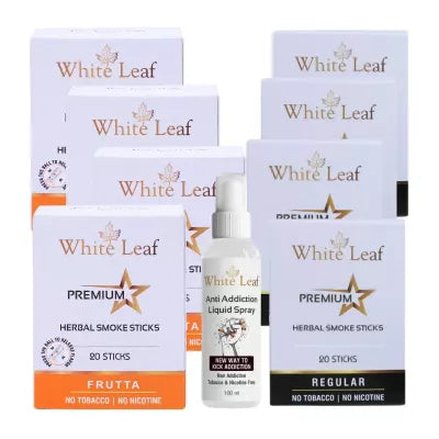 White Leaf Premium Herbal Cigarettes Frutta And Regular Flavour + Anti Addiction Liquid Spray (8 Boxes Each 20 Sticks + 100ml) (1Pack)