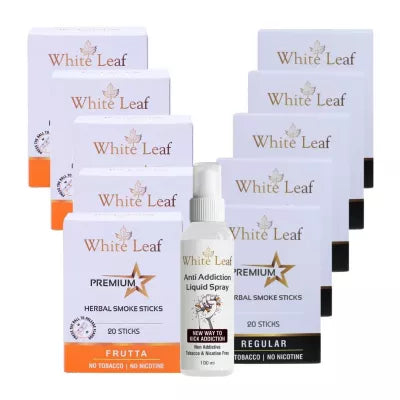 White Leaf Premium Herbal Cigarettes Frutta And Regular Flavour + Anti Addiction Liquid Spray (10 Boxes Each 20 Sticks + 100ml) (1Pack)