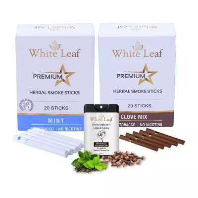 White Leaf Premium Herbal Cigarettes Clove And Mint Flavour + Anti Addiction Liquid Spray (2 Boxes Each 20 Sticks + 20ml) (1Pack)