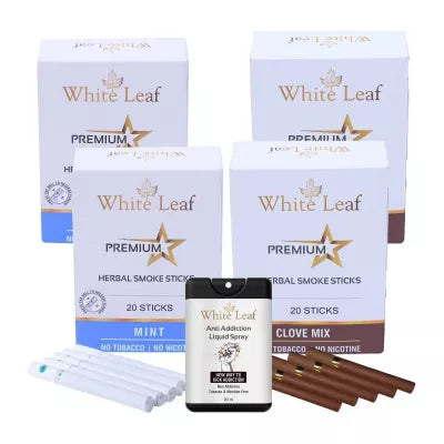 White Leaf Premium Herbal Cigarettes Clove And Mint Flavour + Anti Addiction Liquid Spray (4 Boxes Each 20 Sticks + 20ml) (1Pack)