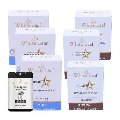 White Leaf Premium Herbal Cigarettes Clove And Mint Flavour + Anti Addiction Liquid Spray (6 Boxes Each 20 Sticks + 20ml) (1Pack)