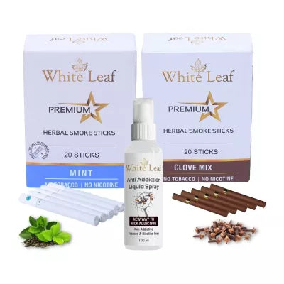 White Leaf Premium Herbal Cigarettes Clove And Mint Flavour + Anti Addiction Liquid Spray (2 Boxes Each 20 Sticks + 100ml) (1Pack)