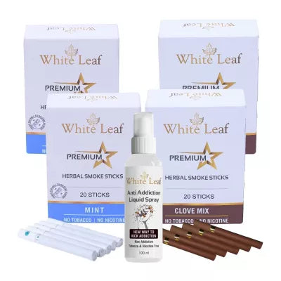 White Leaf Premium Herbal Cigarettes Clove And Mint Flavour + Anti Addiction Liquid Spray (4 Boxes Each 20 Sticks + 100ml) (1Pack)