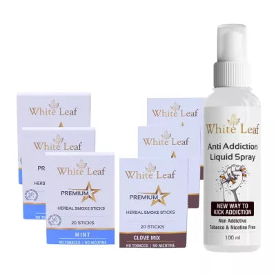 White Leaf Premium Herbal Cigarettes Clove And Mint Flavour + Anti Addiction Liquid Spray (6 Boxes Each 20 Sticks + 100ml) (1Pack)