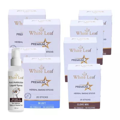 White Leaf Premium Herbal Cigarettes Clove And Mint Flavour + Anti Addiction Liquid Spray (8 Boxes Each 20 Sticks + 100ml) (1Pack)