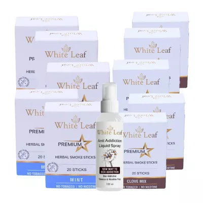 White Leaf Premium Herbal Cigarettes Clove And Mint Flavour + Anti Addiction Liquid Spray (10 Boxes Each 20 Sticks + 100ml) (1Pack)
