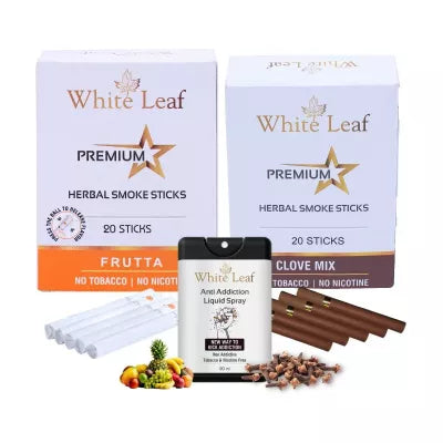 White Leaf Premium Herbal Cigarettes Frutta And Clove Flavour + Anti Addiction Liquid Spray (2 Boxes Each 20 Sticks + 20ml) (1Pack)