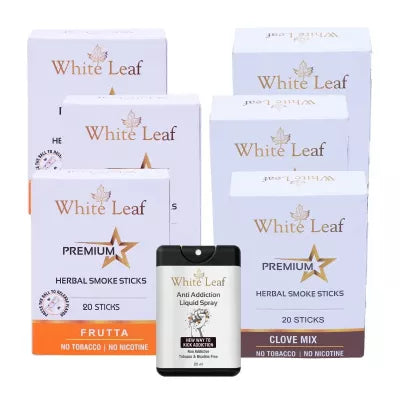 White Leaf Premium Herbal Cigarettes Frutta And Clove Flavour + Anti Addiction Liquid Spray (6 Boxes Each 20 Sticks + 20ml) (1Pack)