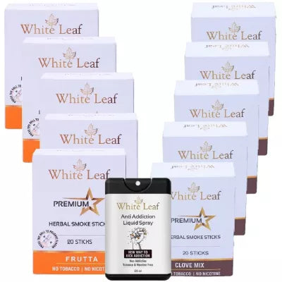 White Leaf Premium Herbal Cigarettes Frutta And Clove Flavour + Anti Addiction Liquid Spray (10 Boxes Each 20 Sticks + 20ml) (1Pack)